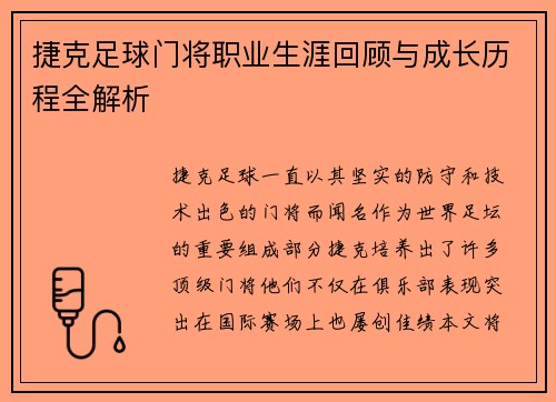 捷克足球门将职业生涯回顾与成长历程全解析