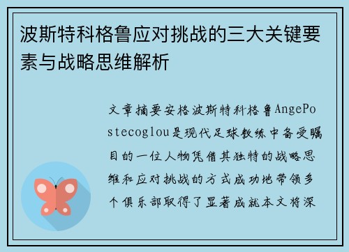 波斯特科格鲁应对挑战的三大关键要素与战略思维解析